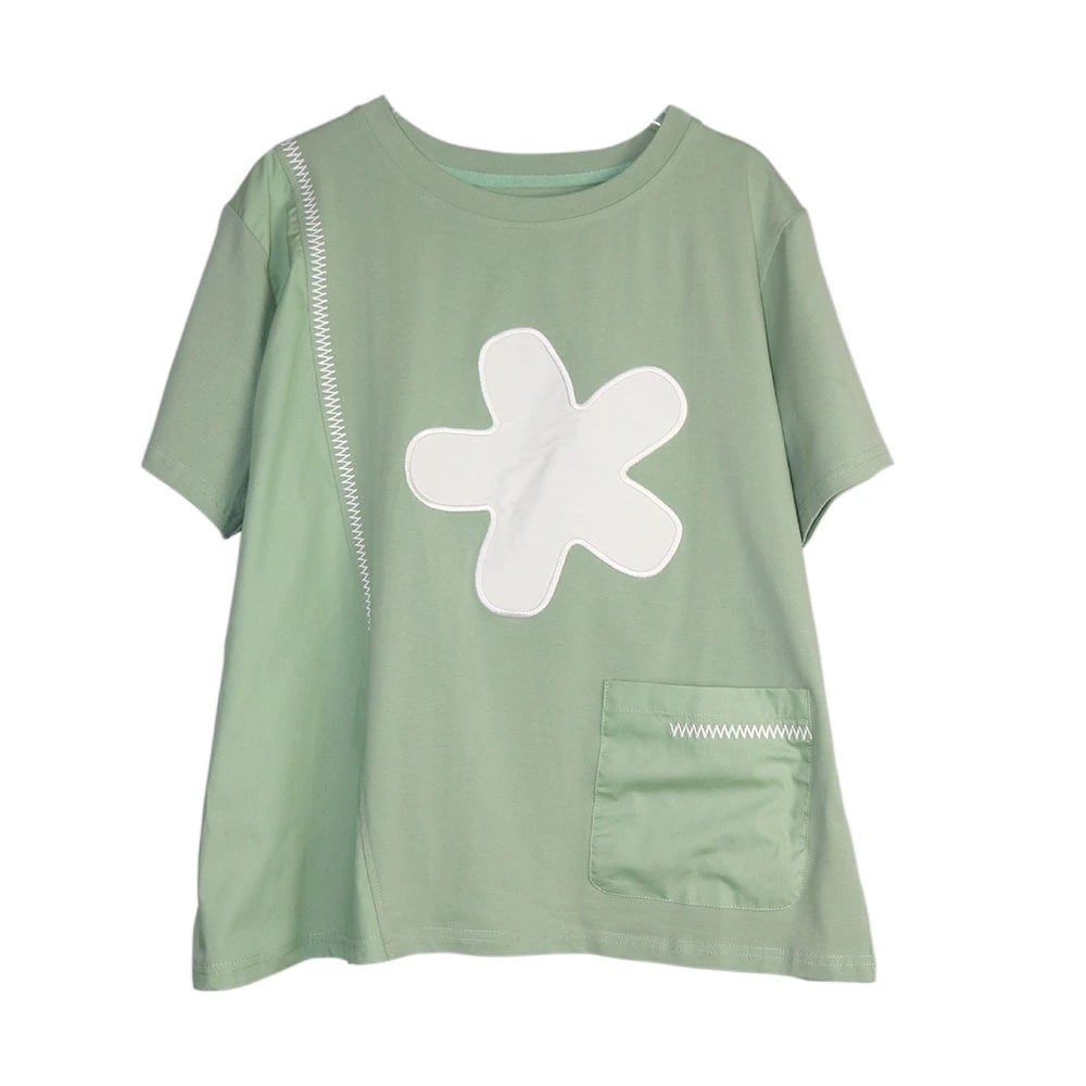 デザイン感貼り布大きな花のせラウンドネック トップスゆるい韓国半袖tシャツ夏の新品ティーシャツ