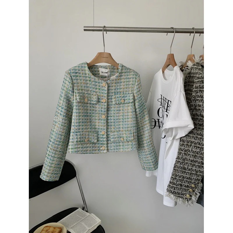 (細工が凝っている)緑の格子縞の女性2025年春と秋の新しいフランスの気質セレブハイエンドニットショートトップ (細工が凝っている)緑の格子縞の女性2025年春と秋の新しいフランスの気質セレブハイエンドニットショートトップ