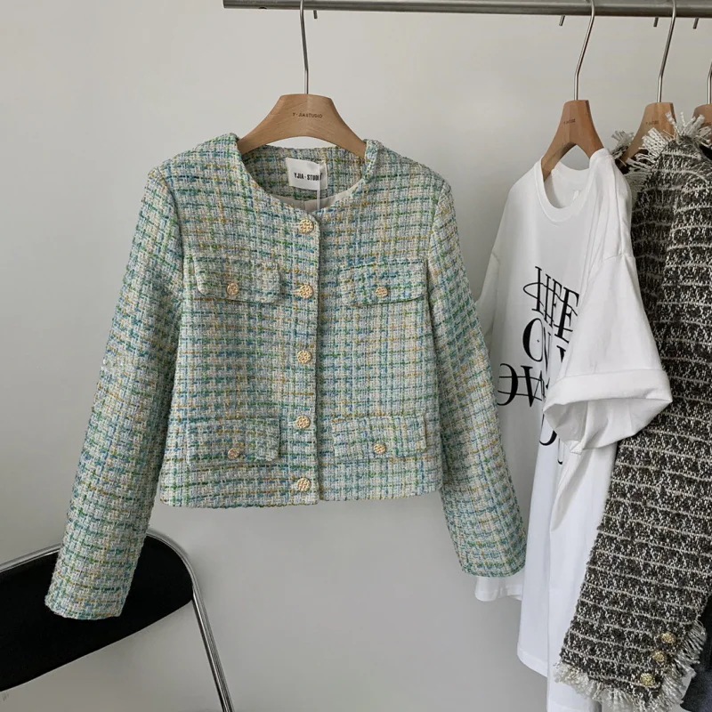 (細工が凝っている)緑の格子縞の女性2025年春と秋の新しいフランスの気質セレブハイエンドニットショートトップ (細工が凝っている)緑の格子縞の女性2025年春と秋の新しいフランスの気質セレブハイエンドニットショートトップ