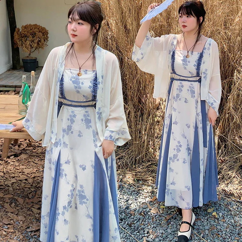 【ぽちゃまに】 夏 2セット 大きいサイズ ブラウス＋キャミワンピース チャイナ風 漢服 体型カバー レディース セットアップ メガ割46