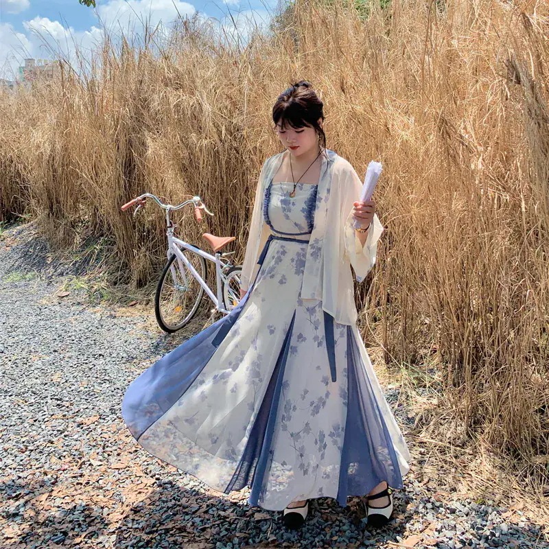 【ぽちゃまに】 夏 2セット 大きいサイズ ブラウス＋キャミワンピース チャイナ風 漢服 体型カバー レディース セットアップ メガ割46