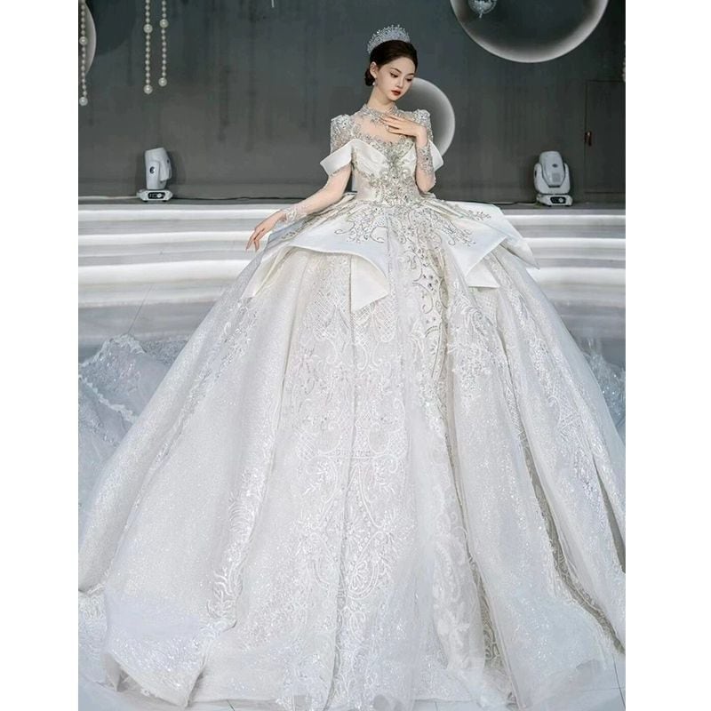 サテン ウェディングドレス 25 花嫁 感 重工業 豪華 長袖 大裾白主糸