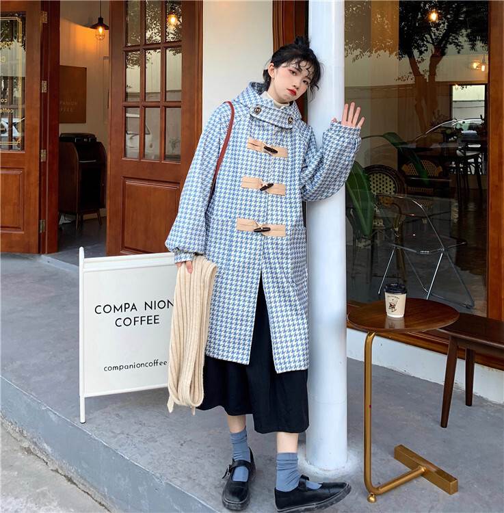 アウター コート レディース ダッフルコート 長袖 青 水色 白 千鳥格子 フード付き ミドル丈 大人カラー かわいい おしゃれ 大人女子 こなれ感 お洒落 個性的 存在感 10代 20代 30代