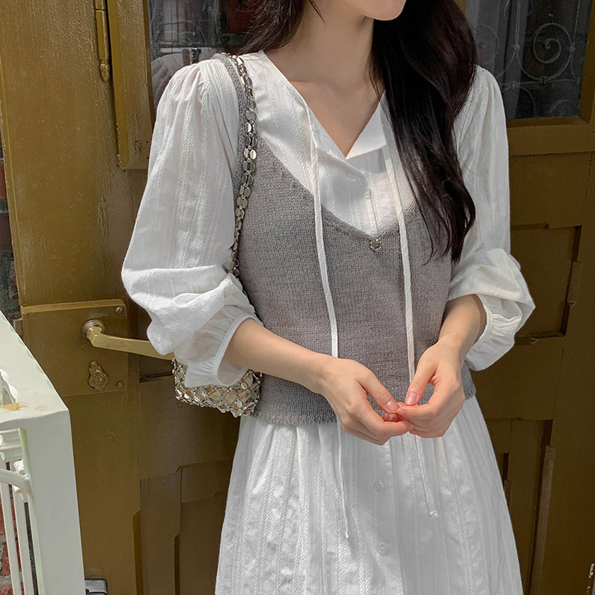 [top0654] 韓国ファッションストラップ パフ ラウンド 半袖 ワンピース