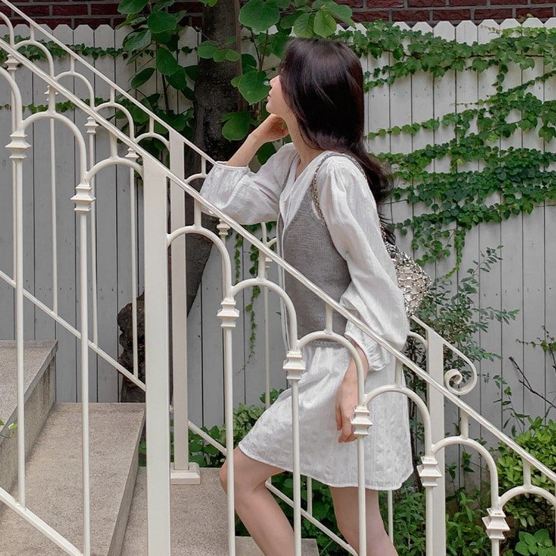 [top0654] 韓国ファッションストラップ パフ ラウンド 半袖 ワンピース