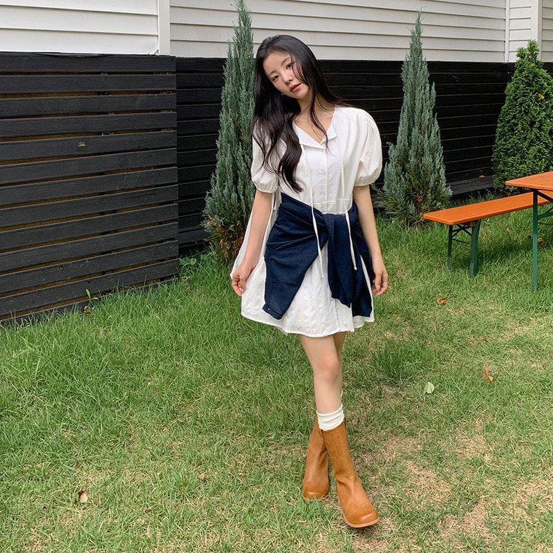 [top0654] 韓国ファッションストラップ パフ ラウンド 半袖 ワンピース