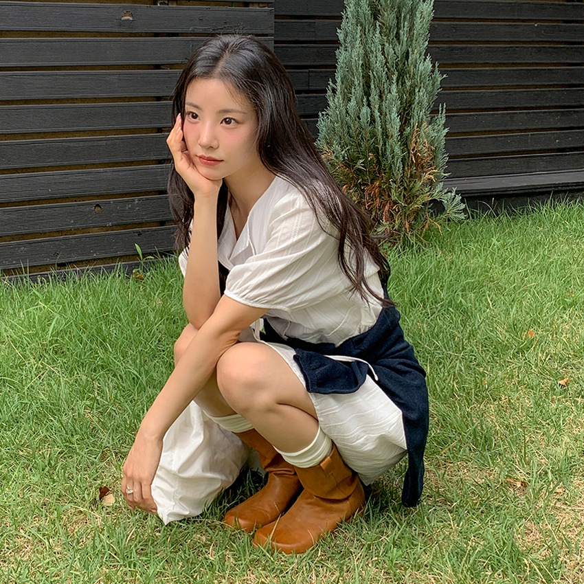 [top0654] 韓国ファッションストラップ パフ ラウンド 半袖 ワンピース