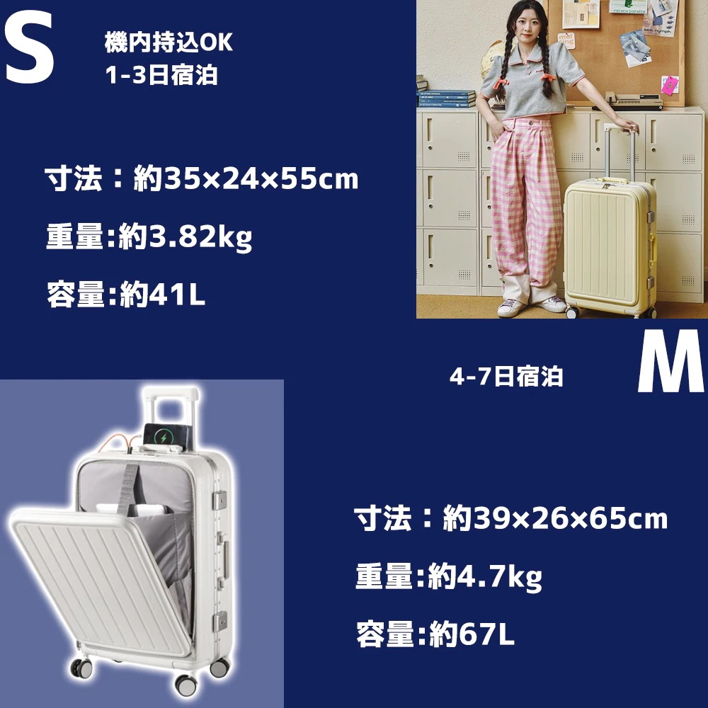 【3日で出荷】キャリーケース フロントオープン usbポート付き キャリーケース mサイズTSAロック 機内持ち込 み かわいい キャリーケース 小型 大容量 旅行かばん キャリーケース キャリーバッ