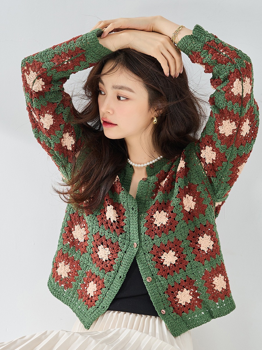 24秋冬新立体鉤花肌理カラー貝殻ボタンレトロだるいセーターコートニットカーディガン女22099