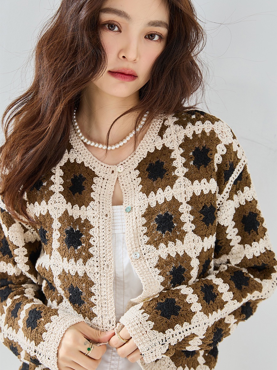 24秋冬新立体鉤花肌理カラー貝殻ボタンレトロだるいセーターコートニットカーディガン女22099