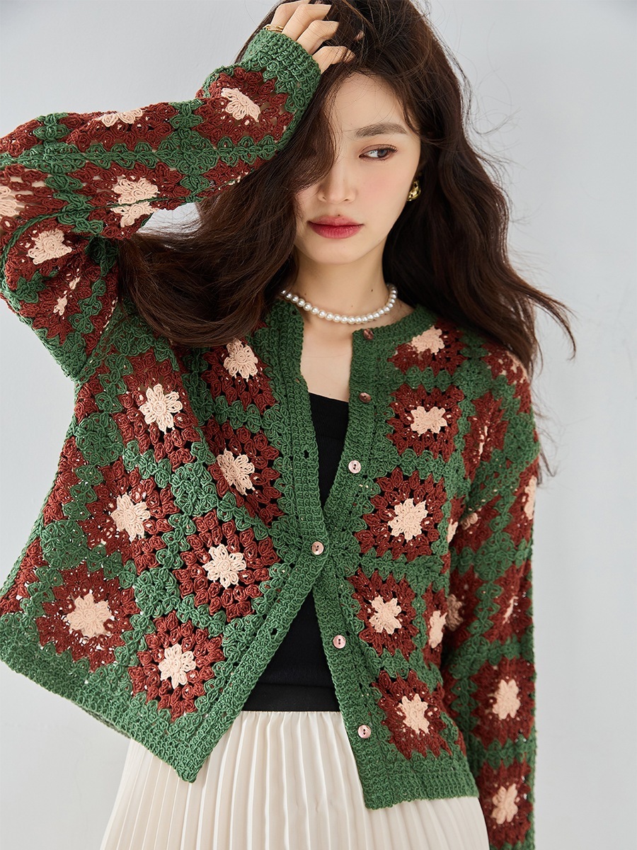 24秋冬新立体鉤花肌理カラー貝殻ボタンレトロだるいセーターコートニットカーディガン女22099
