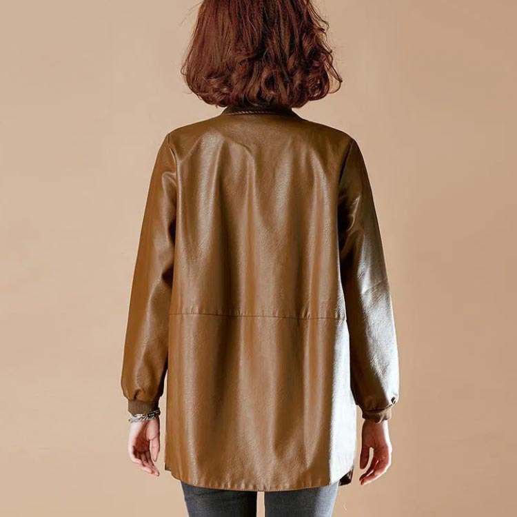 レザーコートレザージャケットロングコートブルゾンノーカラーレディースアウターPUレザー軽量シンプルゆったり大きいサイズお洒落キレイめ304050