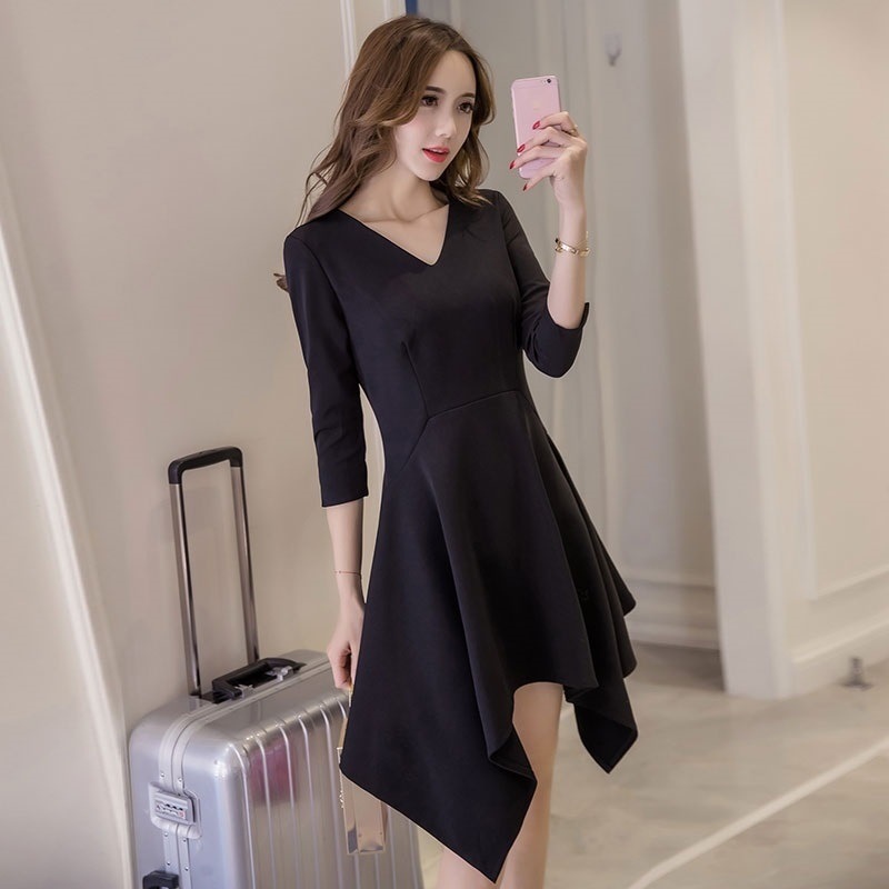 1683.Vネックイレギュラーヘムワンピース(ブラック)2019 春夏 sale フォーマル お呼ばれ パーティー お出かけ 通学 通勤 1683.Vネックイレギュラーヘムワンピース(ブラック)2019 春夏 sale フォーマル お呼ばれ パーティー お出かけ 通学 通勤