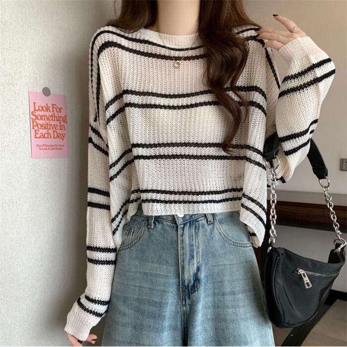 トップス ニット カットソー セーター ボーダー プルオーバー レディース エレガント 大人 可愛い きれいめ カジュアル フェミニン 長袖 ナチュラル 透け感 ベージュ ホワイト 白 ブルー 青 ブ