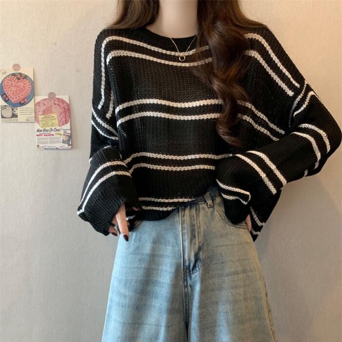 トップス ニット カットソー セーター ボーダー プルオーバー レディース エレガント 大人 可愛い きれいめ カジュアル フェミニン 長袖 ナチュラル 透け感 ベージュ ホワイト 白 ブルー 青 ブ