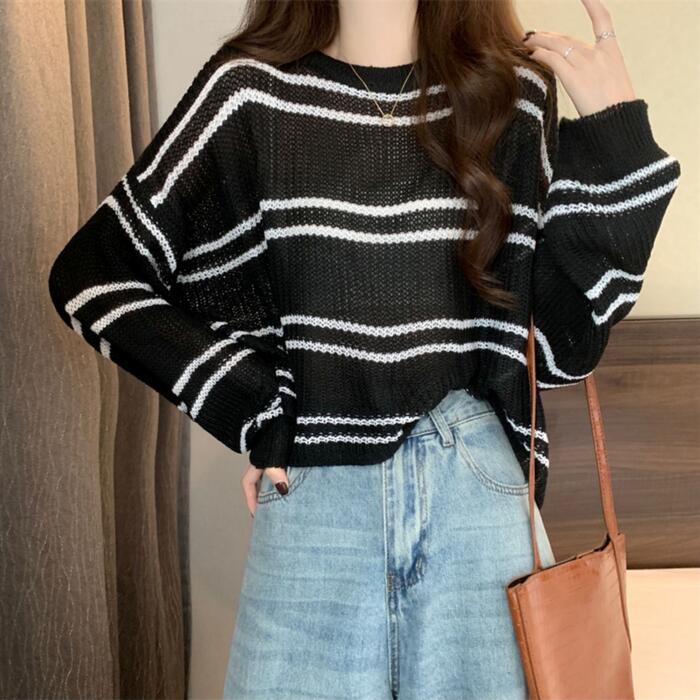 トップス ニット カットソー セーター ボーダー プルオーバー レディース エレガント 大人 可愛い きれいめ カジュアル フェミニン 長袖 ナチュラル 透け感 ベージュ ホワイト 白 ブルー 青 ブ