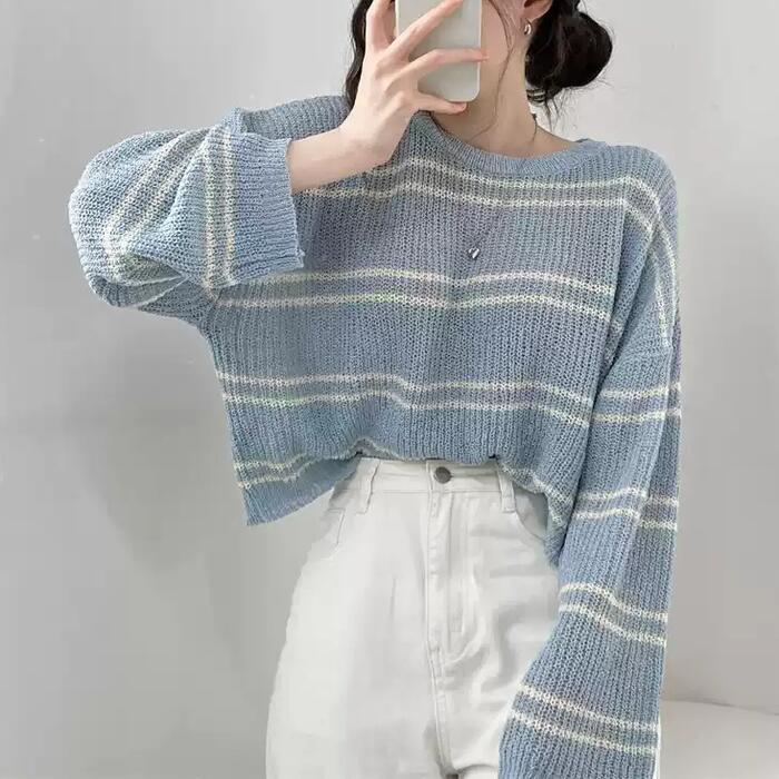 トップス ニット カットソー セーター ボーダー プルオーバー レディース エレガント 大人 可愛い きれいめ カジュアル フェミニン 長袖 ナチュラル 透け感 ベージュ ホワイト 白 ブルー 青 ブ