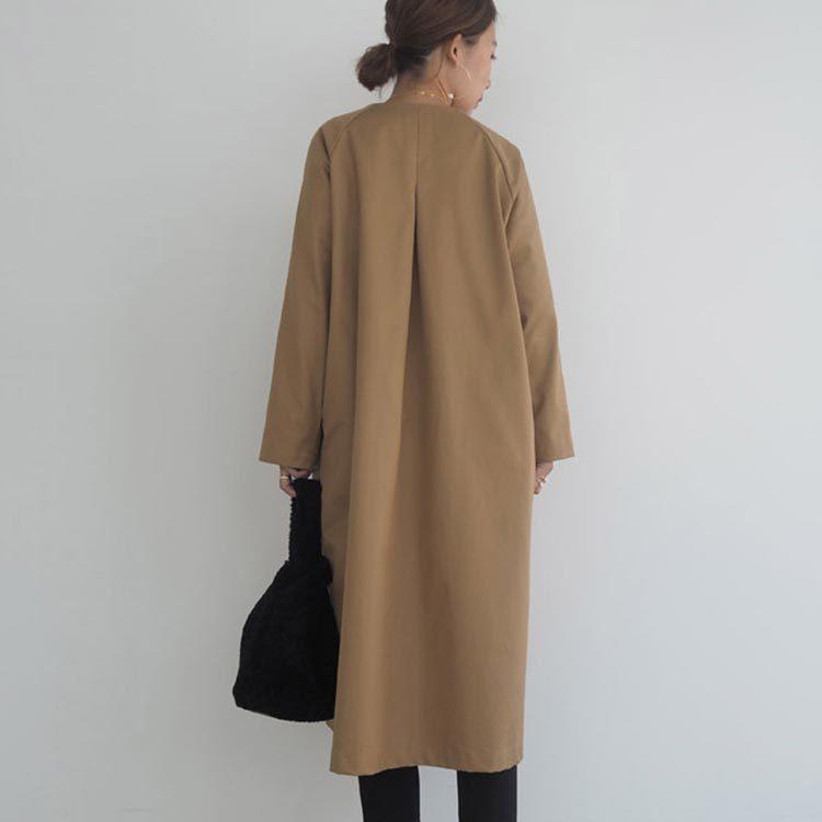 トレンチコートノーカラーレディーススプリングコート長袖ロングコート春コートバックタック春秋アウター上着チェスターコートゆった