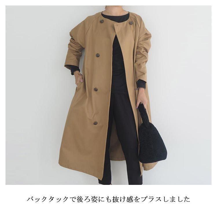 トレンチコートノーカラーレディーススプリングコート長袖ロングコート春コートバックタック春秋アウター上着チェスターコートゆった