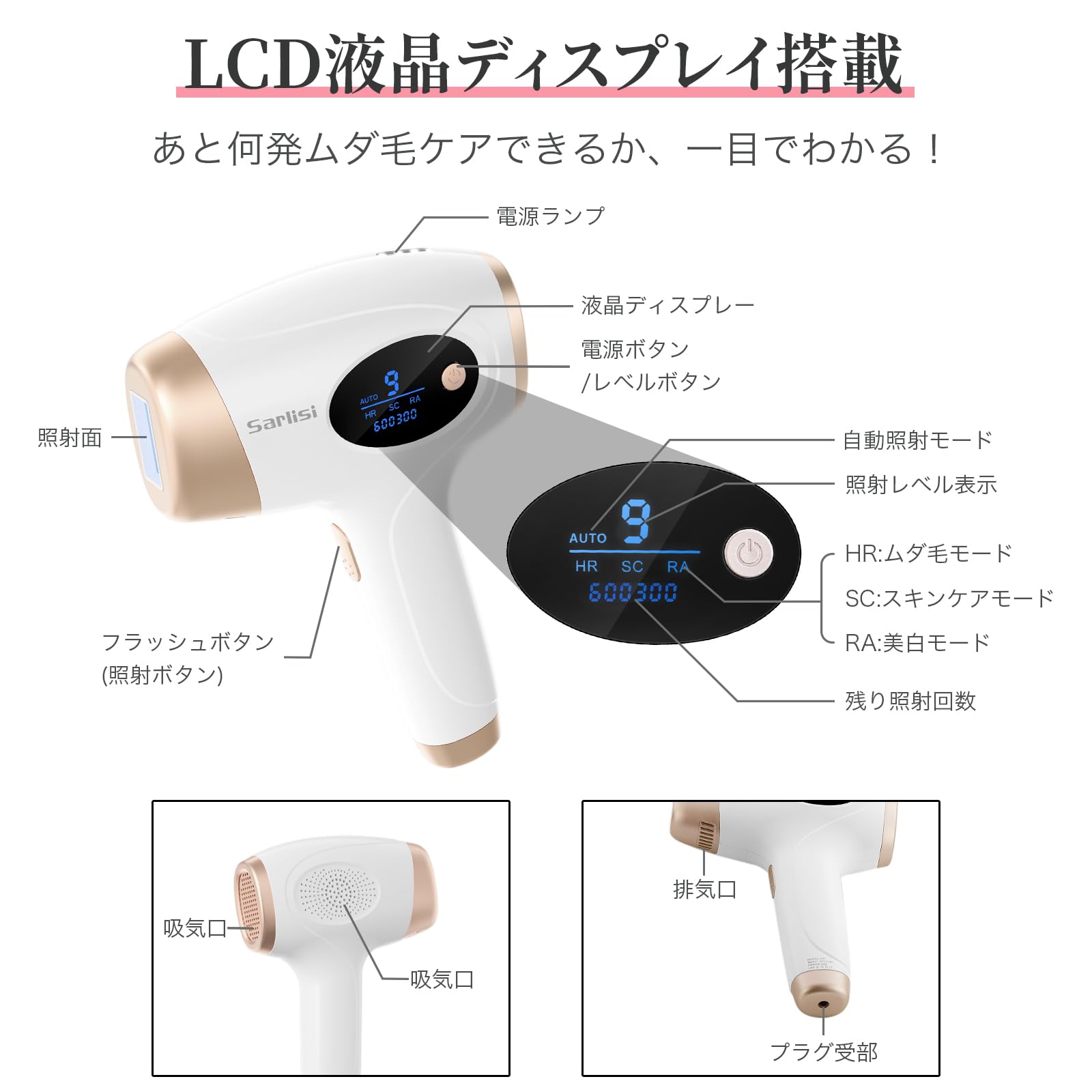 Sarlisi 脱毛器 無痛脱毛 自動照射 60万発9段階 全身適用 VIO対応 家庭用 男女兼用 ipl 光脱毛器 髭 だつもうき脱毛器 メンズ サーリシ White Ai01