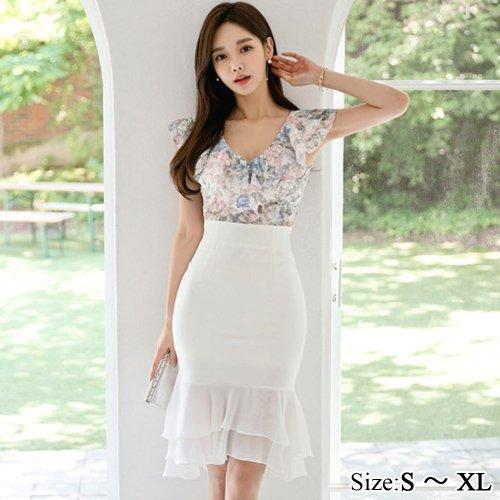 キャバドレス ナイトドレス ミディアムドレス セットアップ ツーピース マーメイドライン フリル 花柄 レース デコルテ レディース グラシア