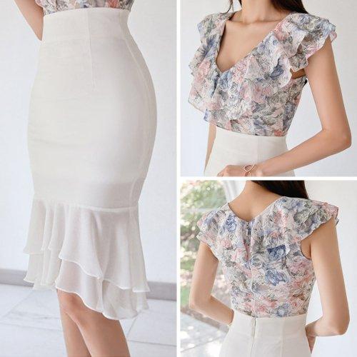 キャバドレス ナイトドレス ミディアムドレス セットアップ ツーピース マーメイドライン フリル 花柄 レース デコルテ レディース グラシア