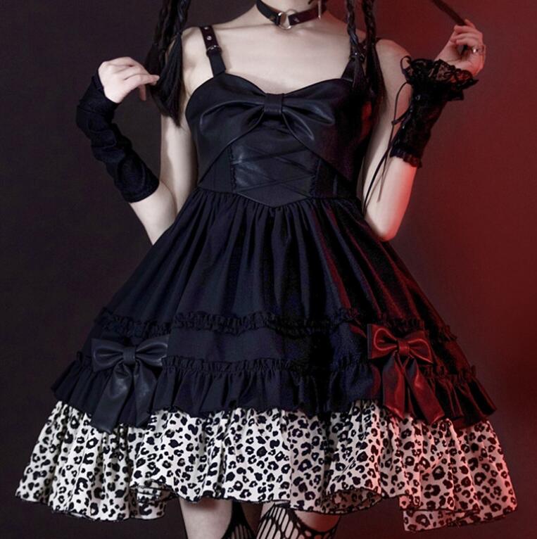 ジャンパースカート ロリータ ワンピース パンク ゴシック ゴスロリ ロリータ ドレス ショート丈 膝丈 暗黒系 ロリータ服 lolita フェイクレザー切替 ワンピース リボン フリル裾 豹柄 レオ