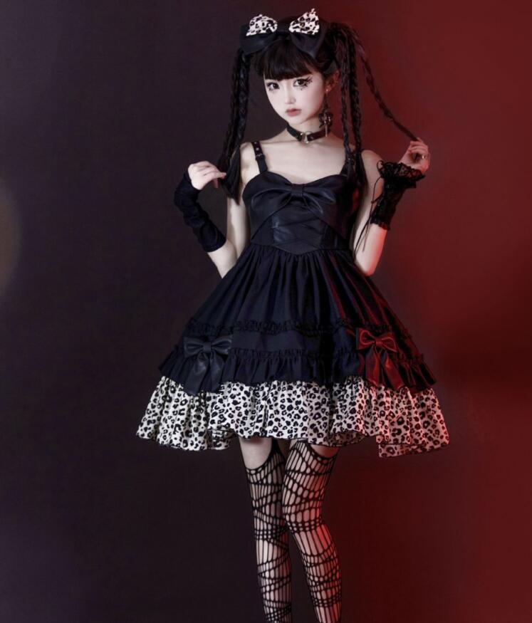 ジャンパースカート ロリータ ワンピース パンク ゴシック ゴスロリ ロリータ ドレス ショート丈 膝丈 暗黒系 ロリータ服 lolita フェイクレザー切替 ワンピース リボン フリル裾 豹柄 レオ