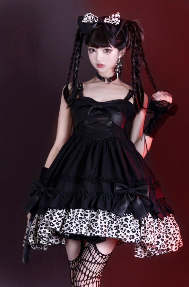 ジャンパースカート ロリータ ワンピース パンク ゴシック ゴスロリ ロリータ ドレス ショート丈 膝丈 暗黒系 ロリータ服 lolita フェイクレザー切替 ワンピース リボン フリル裾 豹柄 レオ