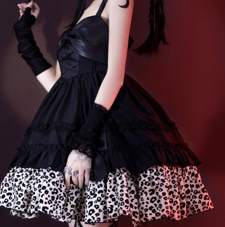 ジャンパースカート ロリータ ワンピース パンク ゴシック ゴスロリ ロリータ ドレス ショート丈 膝丈 暗黒系 ロリータ服 lolita フェイクレザー切替 ワンピース リボン フリル裾 豹柄 レオ