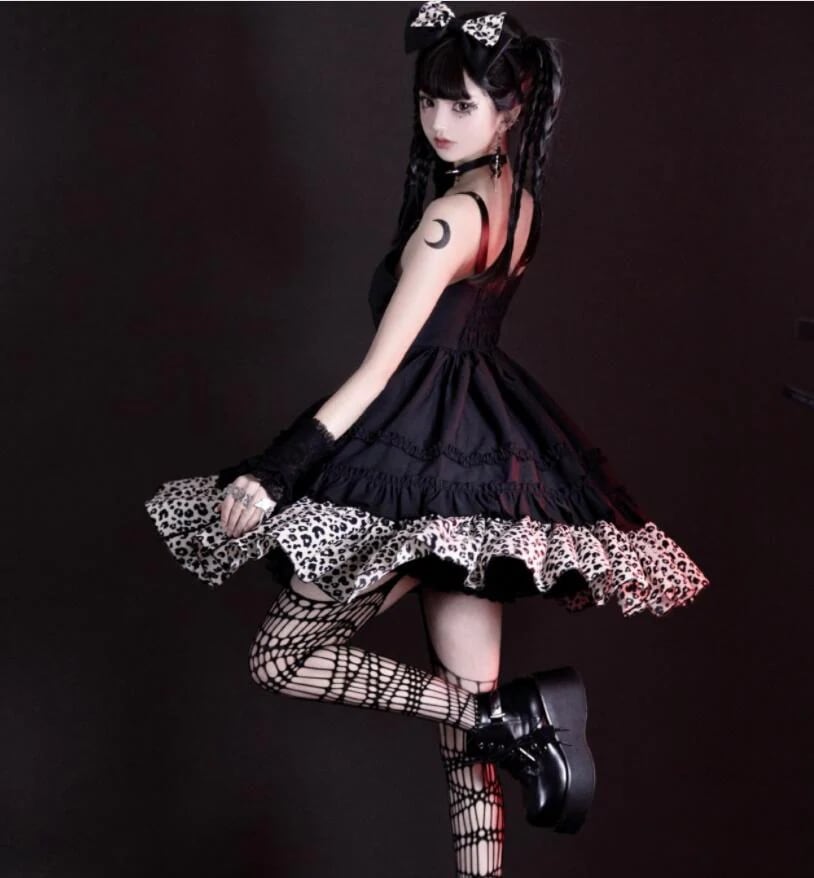 ジャンパースカート ロリータ ワンピース パンク ゴシック ゴスロリ ロリータ ドレス ショート丈 膝丈 暗黒系 ロリータ服 lolita フェイクレザー切替 ワンピース リボン フリル裾 豹柄 レオ