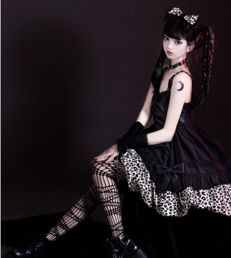 ジャンパースカート ロリータ ワンピース パンク ゴシック ゴスロリ ロリータ ドレス ショート丈 膝丈 暗黒系 ロリータ服 lolita フェイクレザー切替 ワンピース リボン フリル裾 豹柄 レオ