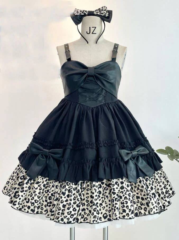 ジャンパースカート ロリータ ワンピース パンク ゴシック ゴスロリ ロリータ ドレス ショート丈 膝丈 暗黒系 ロリータ服 lolita フェイクレザー切替 ワンピース リボン フリル裾 豹柄 レオ