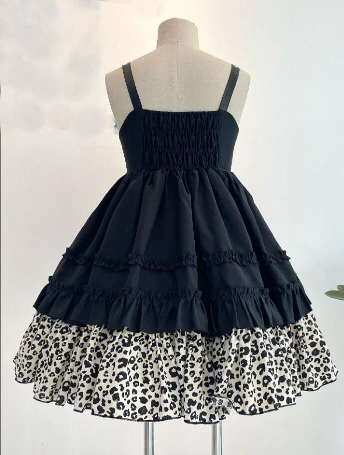ジャンパースカート ロリータ ワンピース パンク ゴシック ゴスロリ ロリータ ドレス ショート丈 膝丈 暗黒系 ロリータ服 lolita フェイクレザー切替 ワンピース リボン フリル裾 豹柄 レオ