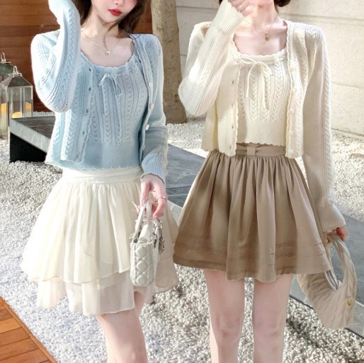 ハイエンドのカスタマイズ-ブルーニットカーディガン2024春と秋の新しいスタイルの優しいスタイルの衣装一式ベストスーツ2点セット