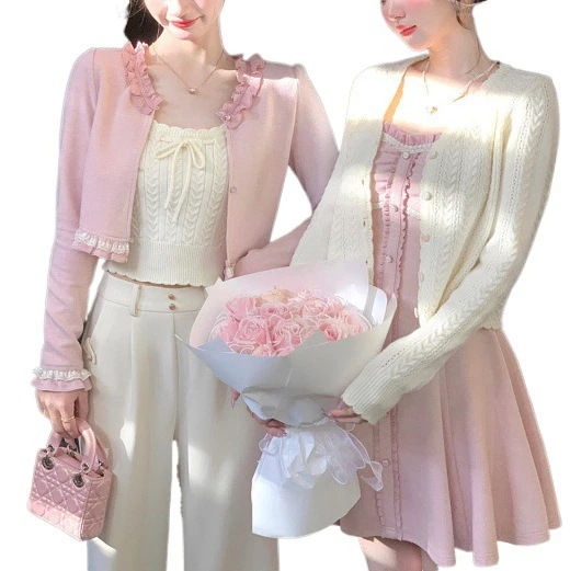 ハイエンドのカスタマイズ-ブルーニットカーディガン2024春と秋の新しいスタイルの優しいスタイルの衣装一式ベストスーツ2点セット