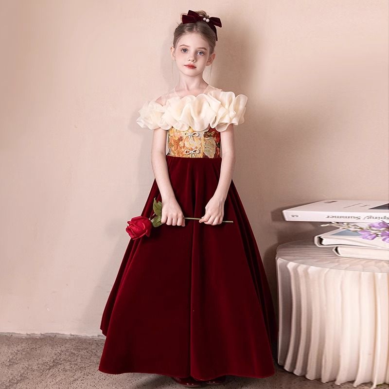 レッドガールステージホスト子供用パフォーマンス服フラワーガールウェディングドレスリトルガール誕生日プリンセスドレス レッドガールステージホスト子供用パフォーマンス服フラワーガールウェディングドレスリトルガール誕生日プリンセスドレス