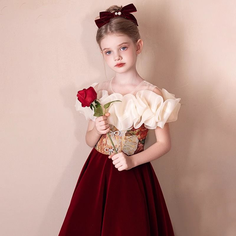 レッドガールステージホスト子供用パフォーマンス服フラワーガールウェディングドレスリトルガール誕生日プリンセスドレス レッドガールステージホスト子供用パフォーマンス服フラワーガールウェディングドレスリトルガール誕生日プリンセスドレス