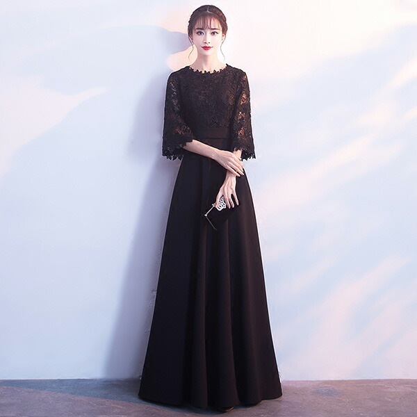 ピアノ発表会 黒 袖付き フォーマル ワンピース 小さいサイズ 大きいサイズ XS ドレス 大人 ピアノ 発表会 ロングドレス 演奏会 結婚式 母親 ドレス ロング パーティードレス丈 ミモレ丈 ブ
