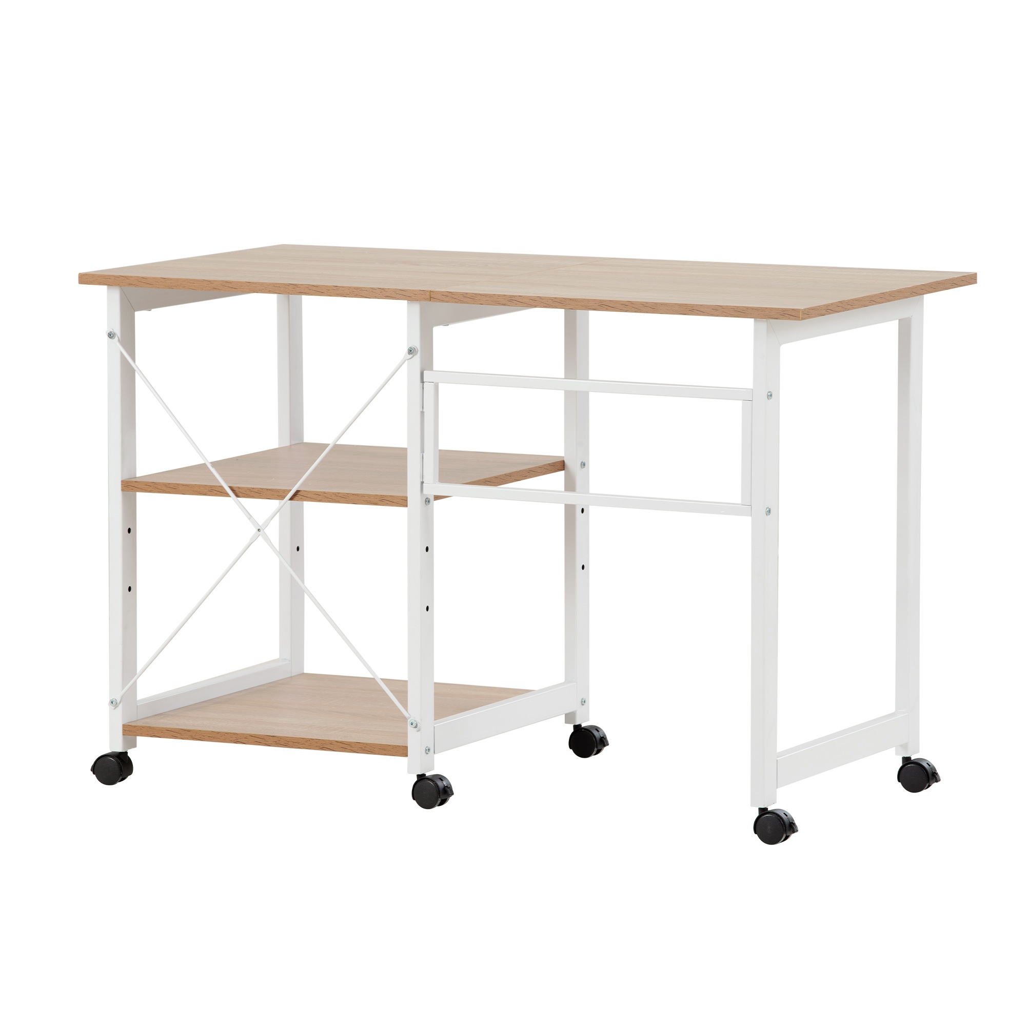 【国内発送,送料無料】【値上げ予定　12月8日～】【新品登場】パソコンデスク 折りたたみデスク 簡易デスク オフィスデスク 学習デスク 3段収納ラック キャスター付き【ナチュラル】