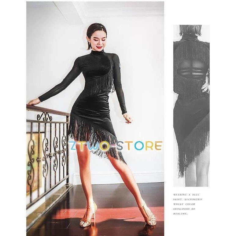 社交ダンス ラテンドレス 長袖 フリンジ付き ラテンダンス ダンス衣装