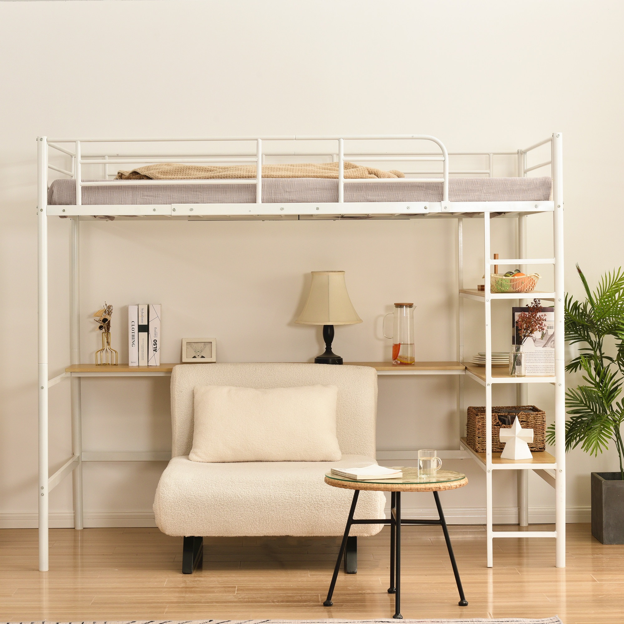 国内発送！ロフトベッド シングル パイプベッド 収納棚 デスク付き 北欧風 コンセント付き 収納 子供ベッド 耐震 ベッド パイプ 金属 高さ170cm 収納棚 収納 北欧風 大人 一人暮らし 子供部