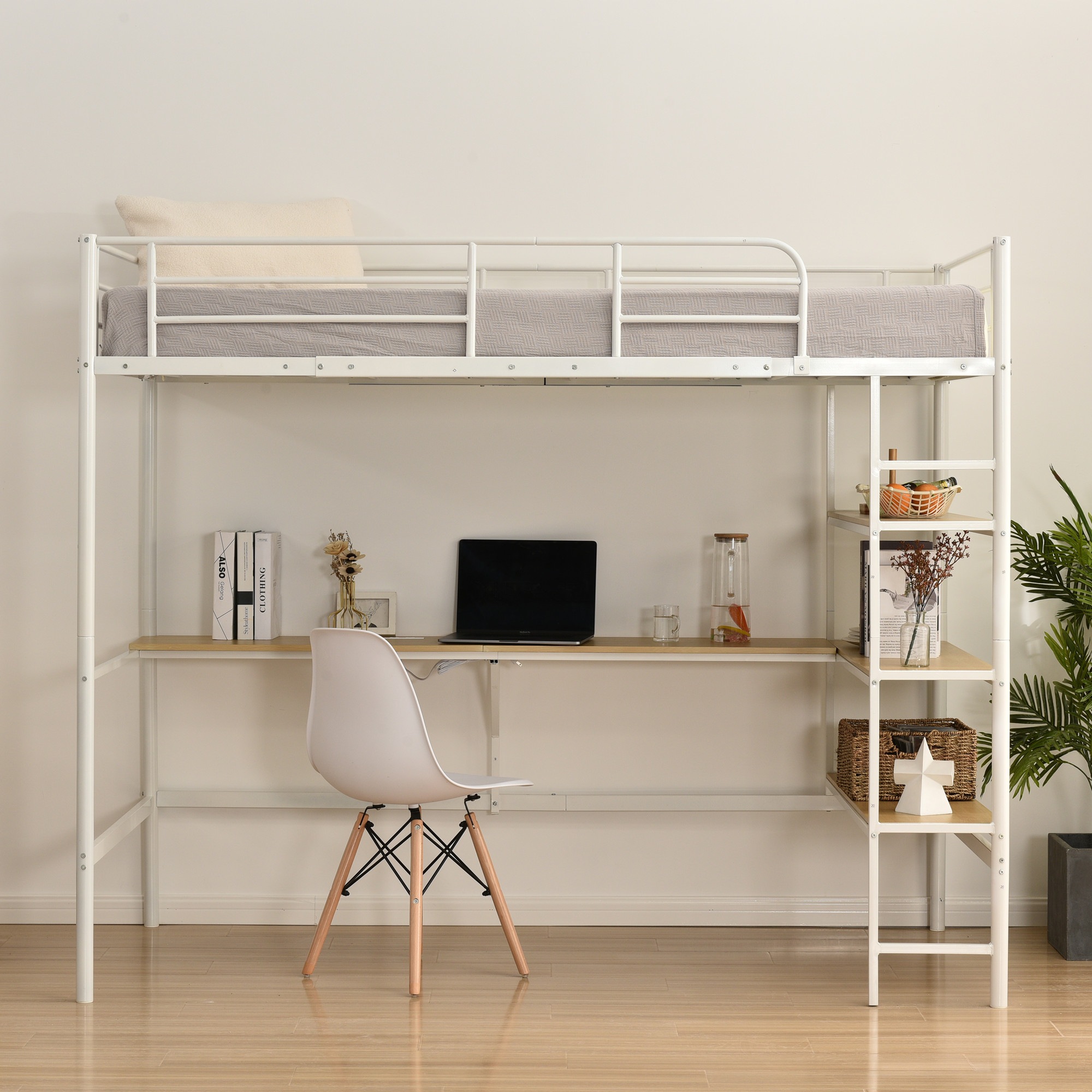国内発送！ロフトベッド シングル パイプベッド 収納棚 デスク付き 北欧風 コンセント付き 収納 子供ベッド 耐震 ベッド パイプ 金属 高さ170cm 収納棚 収納 北欧風 大人 一人暮らし 子供部