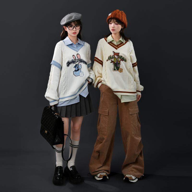 狂った動物城森女部族オリジナルシャツ襟偽2枚デザイン感初秋学院風セーター女 狂った動物城森女部族オリジナルシャツ襟偽2枚デザイン感初秋学院風セーター女