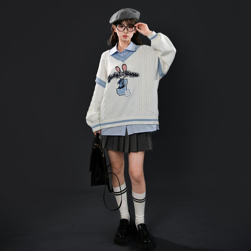 狂った動物城森女部族オリジナルシャツ襟偽2枚デザイン感初秋学院風セーター女 狂った動物城森女部族オリジナルシャツ襟偽2枚デザイン感初秋学院風セーター女