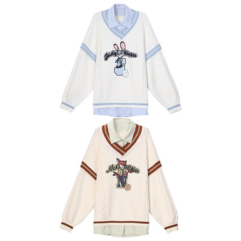 狂った動物城森女部族オリジナルシャツ襟偽2枚デザイン感初秋学院風セーター女 狂った動物城森女部族オリジナルシャツ襟偽2枚デザイン感初秋学院風セーター女