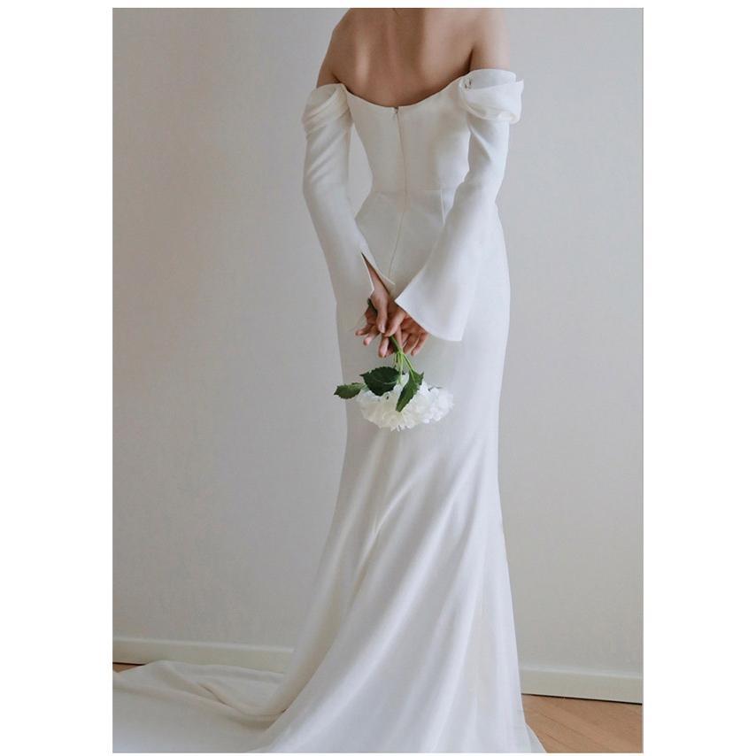 花嫁 ウェディングドレス ファスナー 長袖 肩出し シンプル マーメイドライン 白ドレス ワンピース 花嫁 結婚式 二次会 披露宴 前撮り