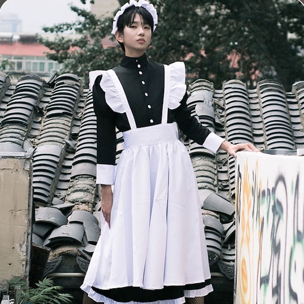 メイド服男がコスプレ文化祭かわいい日系ロリータスカートアニメメイド服ロリ黒女装男