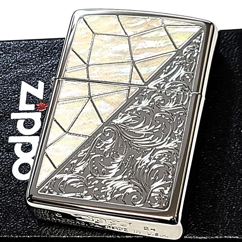 ZIPPO ライター トライアングル アラベスク ホワイトシェル模様 ジッポ 鏡面仕上げ 彫刻 シルバー かっこいい おしゃれ メンズ ギフト プレゼント
