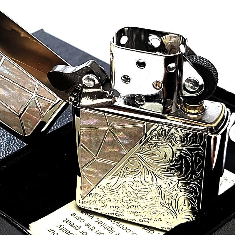 ZIPPO ライター トライアングル アラベスク ホワイトシェル模様 ジッポ 鏡面仕上げ 彫刻 シルバー かっこいい おしゃれ メンズ ギフト プレゼント